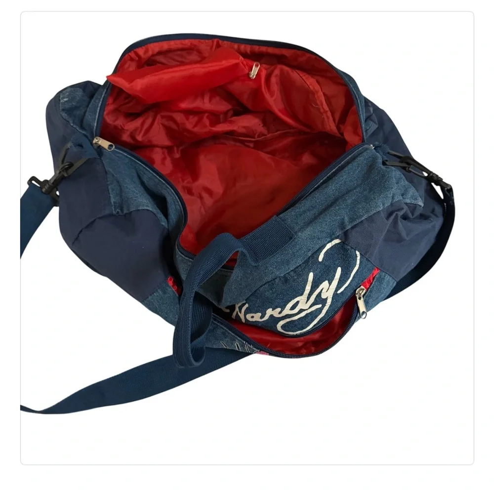 Ed Hardy denim duffle bag with crossbody strap outside pocket